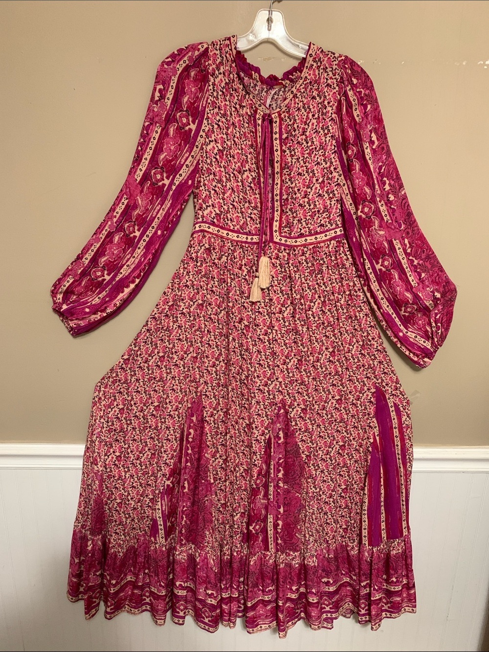 Free People Happy Feelings Maxi Dress Fuchsia Pink Boho Floral LS XS Midi Dress